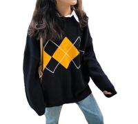 WEITING Suéter de Punto para Mujer, suéter de Rombos de Gran tamaño, jerséis, suéter Suelto de Invierno, Jersey de Estilo Universitario Coreano para Mujer, Negro, Talla única
