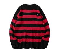 WEITING Suéter De Rayas Negro Suéter Rasgado Jersey De Hombre Jerséis De Punto con Agujeros Huecos Jerseys Sueltos De Gran Tamaño Punk Unisex Ropa De Calle-Rojo-M
