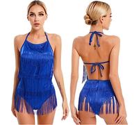 WEITING Traje De Baile De Samba Latina para Mujer con Cordones Halter Borla Mono Sin Espalda con Flecos Mono Salsa Tango Rumba Fiesta Ropa De Baile-Azul,M