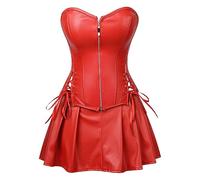 WEITING Traje de falda con corsé de cuero sintético negro Traje de bar sexy-Rojo-S