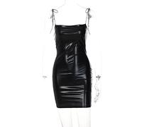 WEITING Verano Mujer Correas De Cuero De Imitación Mini Vestido Sexy Negro Plata Fiesta Club Vestidos-Vestido Negro,S