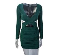 WEITING Vestido corto sexy de dos capas con cuello en V profundo y fruncido para mujer, vestido ajustado de otoño, vestido de fiesta, color verde oscuro, talla S