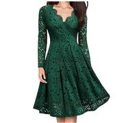 WEITING Vestido de Fiesta cóctel de Fiesta de Manga Larga con Cuello en V de Encaje Delgado y Elegante para Mujer-Verde-M