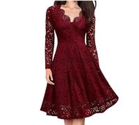WEITING Vestido de Fiesta cóctel de Fiesta de Manga Larga con Cuello en V de Encaje Delgado y Elegante para Mujer-Rojo-M
