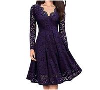 WEITING Vestido de Fiesta cóctel de Fiesta de Manga Larga con Cuello en V de Encaje Delgado y Elegante para Mujer-Púrpura-L