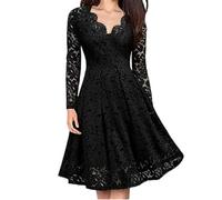 WEITING Vestido de Fiesta cóctel de Fiesta de Manga Larga con Cuello en V de Encaje Delgado y Elegante para Mujer-Negro-M