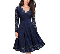 WEITING Vestido de Fiesta cóctel de Fiesta, Manga Larga, Cuello en V, Fino y Elegante, de Encaje, para Mujer-Azul Marino-S