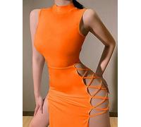 WEITING Vestido de Fiesta Sexy de Verano Negro gótico, Falda Media Pantorrilla Hermosa con Abertura sin Mangas para Mujer, Falda Larga Elegante de Cuello Alto Delgada-Naranja-M