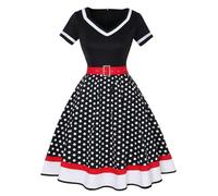 WEITING Vestido de Fiesta Vintage para Mujer con cinturón Estampado de Lunares Manga Corta Hepburn Robe Pin Up Rockabilly Vestidos-Negro-XXXL