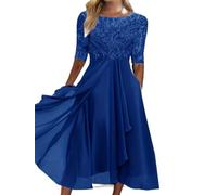 WEITING Vestido de Noche de Dama de Honor de Primavera y Verano Europeo y Americano Vestido de Gasa Hueco de Manga Media de Encaje-Azul-S
