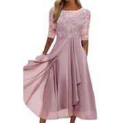 WEITING Vestido de Noche de Dama de Honor de Primavera y Verano Europeo y Americano Vestido de Gasa Hueco de Manga Media de Encaje-Rosa-L