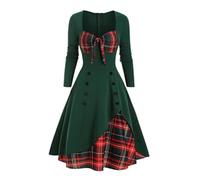 WEITING Vestido Elegante Vintage Ajustado para Mujer de Manga Larga con Cuello en V y Escote con Cordones, Vestido de Moda para Fiestas de Navidad - Verde, XL