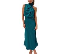 WEITING Vestido Maxi De Satén para Mujer Verano Halter Francés Elegante Túnica Larga Formal Sin Mangas Traje De Fiesta para Mujer-Azul-M