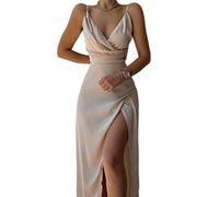 WEITING Vestido midi sexy con tirantes delgados, espalda descubierta, vestido con abertura, vestido drapeado para mujer, elegante fiesta de club, caqui, M