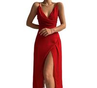 WEITING Vestido midi sexy con tirantes delgados, espalda descubierta, vestido con abertura, vestido drapeado para mujer, elegante fiesta de club, rojo, S