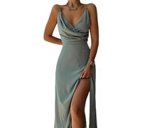 WEITING Vestido midi sexy con tirantes delgados, espalda descubierta, vestido con abertura, vestido drapeado para mujer, elegante fiesta de club, verde, M