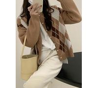 WEITING Vintage Argyle Suéter Cárdigan Mujer Otoño Invierno Moda Coreana Abrigo Casual Estilo Preppy Chaqueta De Punto Todo Partido Tops Femeninos-Caqui-L