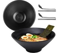 WEIWUXIAN 2 Juegos 1500ml Ramen Bowl de Melamin, Tazón de Ramen Japonés con Palillos y Cuchara, Ensaladeras, Negro Cuencos Grandes de Fideos para Ramen, Fideos, Ramen Buldak, Ensalada (1500ml)