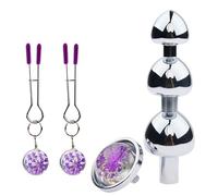 WEJFHBCOV Bolas anales de metal con 3 bolas y base de cristal, pinza ajustable for pezones SM, consolador de acero inoxidable, juguete sexual for mujeres y hombres(Purple)