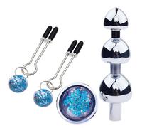 WEJFHBCOV Bolas anales de metal con 3 bolas y base de cristal, pinza ajustable for pezones SM, consolador de acero inoxidable, juguete sexual for mujeres y hombres(Blue)