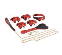 WEJFHBCOV Conjunto de bondage BDSM, collares de cuero ajustables, esposas, grilletes for tobillos con cadena metálica y látigo de cuero, juguete sexual for hombres y mujeres(Rot)
