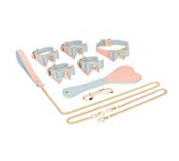 WEJFHBCOV Conjunto de bondage BDSM, collares de cuero ajustables, esposas, grilletes for tobillos con cadena metálica y látigo de cuero, juguete sexual for hombres y mujeres(Blau)