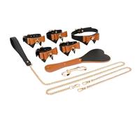 WEJFHBCOV Conjunto de bondage BDSM, collares de cuero ajustables, esposas, grilletes for tobillos con cadena metálica y látigo de cuero, juguete sexual for hombres y mujeres(Braun)