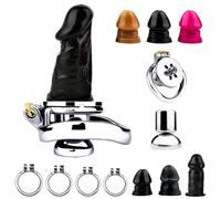 WEJFHBCOV Jaula de castidad de metal plana for pene SM con consolador de silicona, BDSM, cinturón de castidad negativo, juego sexual for hombres y lesbianas.(Black,Dildo L/40 Ring)