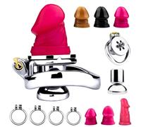 WEJFHBCOV Jaula de castidad de metal plana for pene SM con consolador de silicona, BDSM, cinturón de castidad negativo, juego sexual for hombres y lesbianas.(Pink,Dildo S/45 Ring)