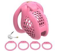WEJFHBCOV Jaula de castidad for pene de resina 3D SM con 4 anillos for pene, juego de bondage BDSM, jaula de castidad transpirable, juguetes sexuales for hombres y parejas.(Pink-m-rund Ring)