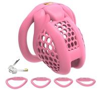 WEJFHBCOV Jaula de castidad for pene de resina 3D SM con 4 anillos for pene, juego de bondage BDSM, jaula de castidad transpirable, juguetes sexuales for hombres y parejas.(Pink-m-gebogener Ring)