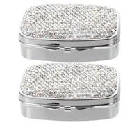 WEKADRIN Pastillero de Viaje Portátil 2 Compartimentos Estuche Pequeño Cuadrado Decoración de Gemas de Imitación Organizador Compacto para Medicamentos y Vitaminas Adecuado para