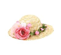 WEKAMOS Sombrero Tejido De Paja para Perro Pequeño Flores Rosa, Gorra De Paja para Mascota, Accesorio Fotográfico para Fiestas y Disfraces, Talla S, Adecuado para Pequeños Perros