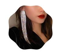 Wekicici Pendientes largos de borla de diamantes de imitación de cristal, borla larga y grande, aretes colgantes para mujer, Zinc Cristal Diamante de imitación Metal Plata