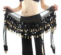 WEKIOOBON Belly Dance Hip Scarf, Sweet Belly Dance Skirt Wrap Performance Bling Sequins Coins, Belly Dancer Costumes for Women (Black)