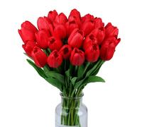 Wekuw 15 Piezas Tulipanes Flores Artificiales Decoracion Ramo de Flores Naturales a Domicilio Artificiales Realistas Tulipanes Real Touch para la decoración de la Boda del Partido(Rojo)
