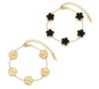 Wekuw 2 Piezas Trebol de Cuatro Hojas Pulsera Trebol 4 Hojas Collar de Trébol 18k Stainless Steel Bracelets Women Adecuado para Regalos de Cumpleaños Regalos de San Valentín (Negro, Dorado)