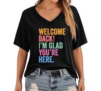 Welcome Back to School - Camisa Welcome Back I'm Glad You're Here, camiseta para el primer día de escuela, para mujer y hombre, Negro (cuello en V), XL