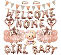 Welcome Home Banner Baby Girl Globo Guirnalda Corazón Estrella Globo de Papel de Aluminio Oro Rosa Lentejuelas Globos Bienvenido Casa Niña Figuras Globo de Helio Set para Baby Shower Familia Fiesta
