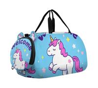 Welcome Home - Bolsa de lona ligera con diseño de unicornios de dibujos animados con compartimento para zapatos, bolsa deportiva ligera para playa, natación, piscina y deportes