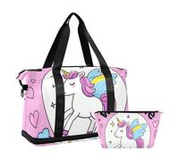 Welcome Home - Bolsa de mano con diseño de unicornios de dibujos animados, bolsa de hombro para fin de semana con bolsa de aseo para yoga, gran capacidad, Bienvenidos a casa, lindos unicornios de