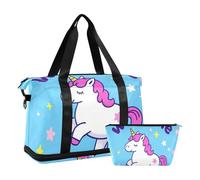 Welcome Home - Bolsa de viaje con diseño de unicornios de dibujos animados, bolsa de viaje para fin de semana/noche con bolsa de aseo para viajes, juego de 2 piezas, Bienvenidos a casa, lindos