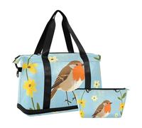 Welcome Home - Bolsas de lona con diseño de pájaros de dibujos animados para llevar durante la noche y equipaje con bolsa de aseo para deportes, plegable, Welcome Home - Bonito pájaro de dibujos