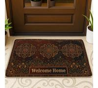 Welcome Home - Tapete tradicional rústico floral geométrico N/A rojo oscuro, lavable, perfil bajo, decoración al aire libre para puerta delantera, entrada, patio, 29 x 17 pulgadas