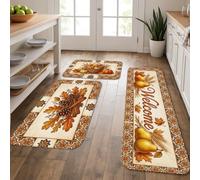 Welcome Kitchen - Juego de 3 alfombras de cocina rústicas de otoño con hojas de peras, color naranja otoñal, suaves, lavables, para fregadero, lavandería, entrada y baño