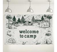 Welcome to Camp - Fondo para exteriores, decoración clásico de escena de campamento, fondo de fotografía de naturaleza blanco y negro para eventos de fiesta de camping, 71 x 43 pulgadas
