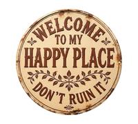Welcome To My Happy Place Don'T Ruin It Sign, Round Vintage Wood Funny Garden Signs for Front Door Window Porch