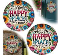 Welcome to My Happy Place - Metal Wall Sign, Rustic Round Door Decor Sign, Creative Wall Patio Signs for Outside, 2d Unique Design Iron Hanging Poster for Indoor Outdoor Decorations(#A*2)