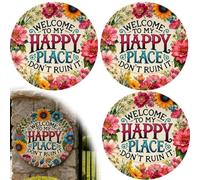 Welcome to My Happy Place - Metal Wall Sign, Rustic Round Door Decor Sign, Creative Wall Patio Signs for Outside, 2d Unique Design Iron Hanging Poster for Indoor Outdoor Decorations(#B*3)