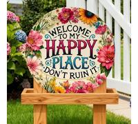 Welcome to My Happy Place - Metal Wall Sign, Rustic Round Door Decor Sign, Creative Wall Patio Signs for Outside, 2d Unique Design Iron Hanging Poster for Indoor Outdoor Decorations(#B*1)